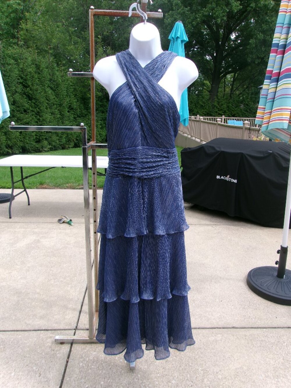 IGNITE EVENINGS BLUE&SILVER METALIC FORMAL CRISS CROSS LONG DRESS 14
